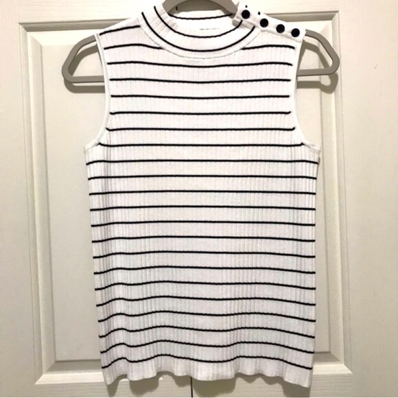 Talbots White Black Stripe Sleeveless Ribbed Mock Neck Sweater SP - Picture 3 of 14